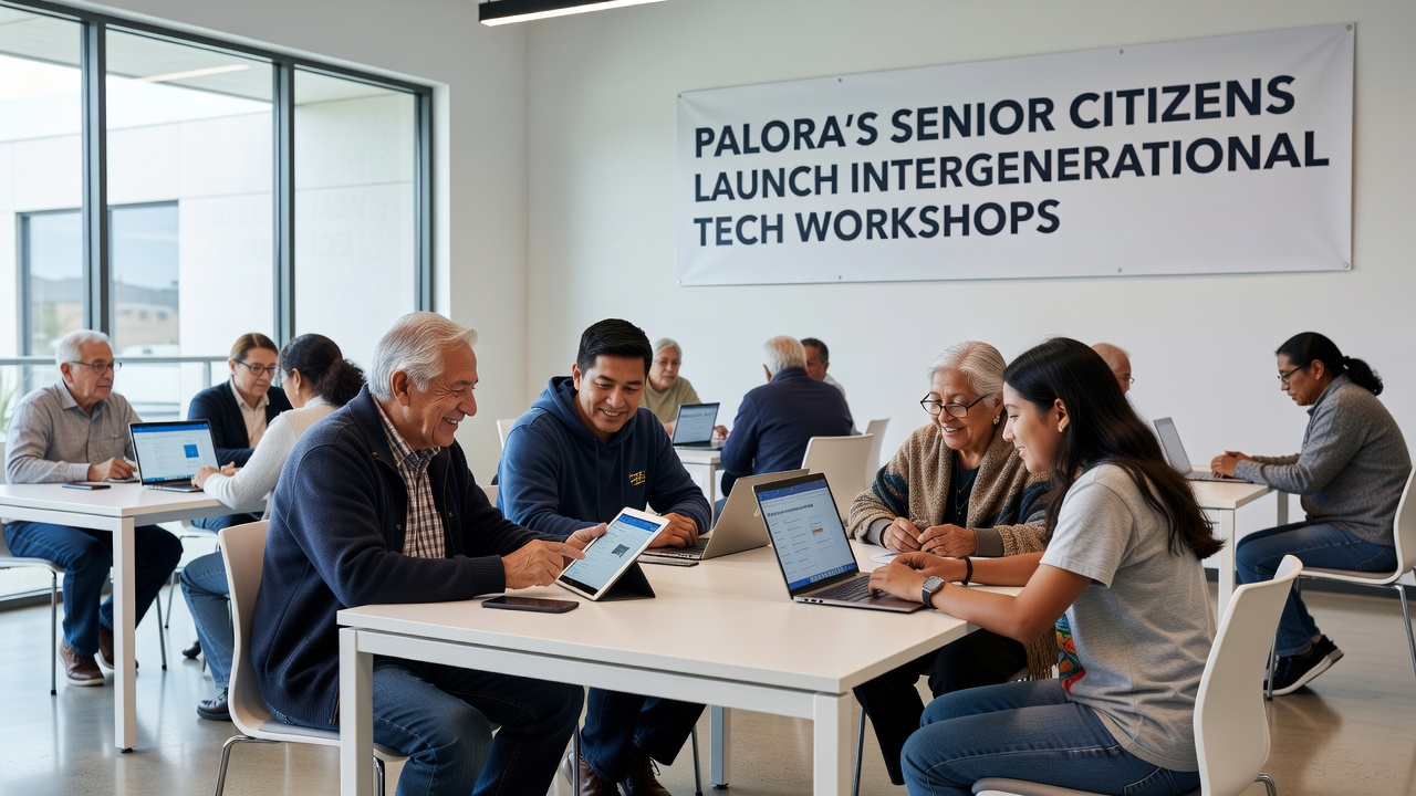 Group of mixed-age participants collaborating on tablet devices during an outdoor portion of a Palora tech workshop