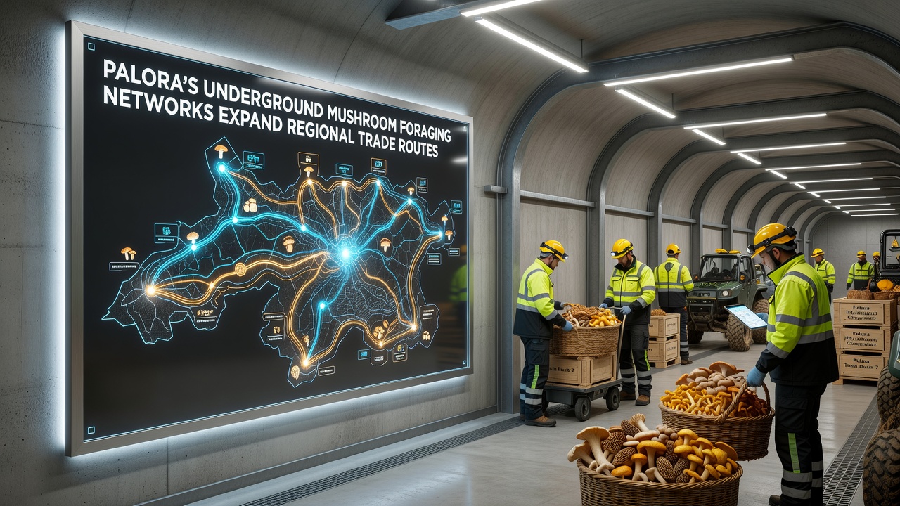 Workers sorting fresh mushrooms at a Palora collection hub connected to expanded regional trade routes